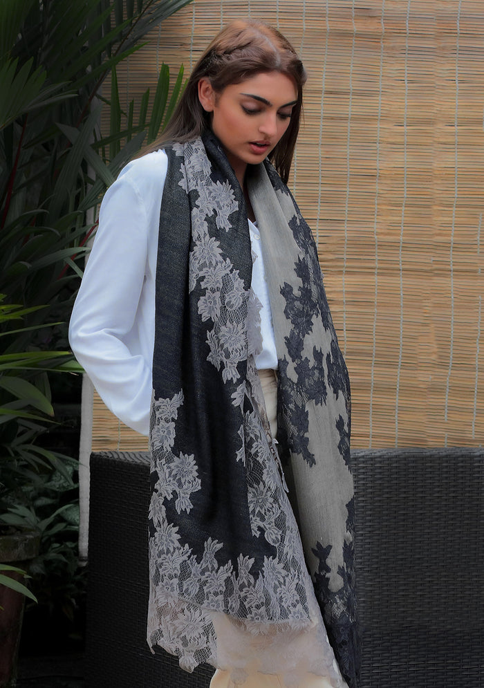 Black & Taupe Reversible Wool & Silk Scarf Black & Taupe Lace
