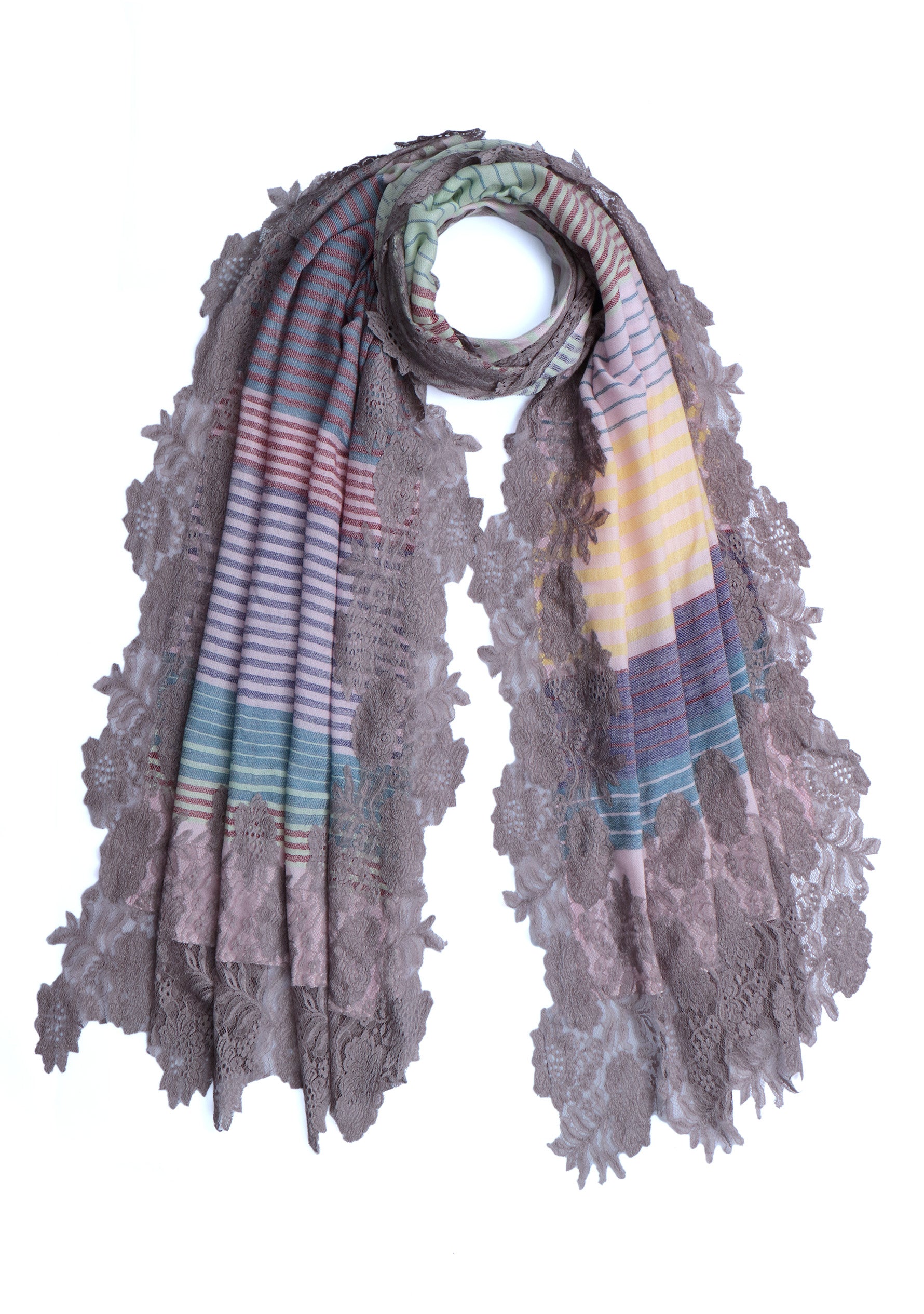 Multi-Colored Stripe Wool And Silk Scarf with a Mousse Floral Lace Border