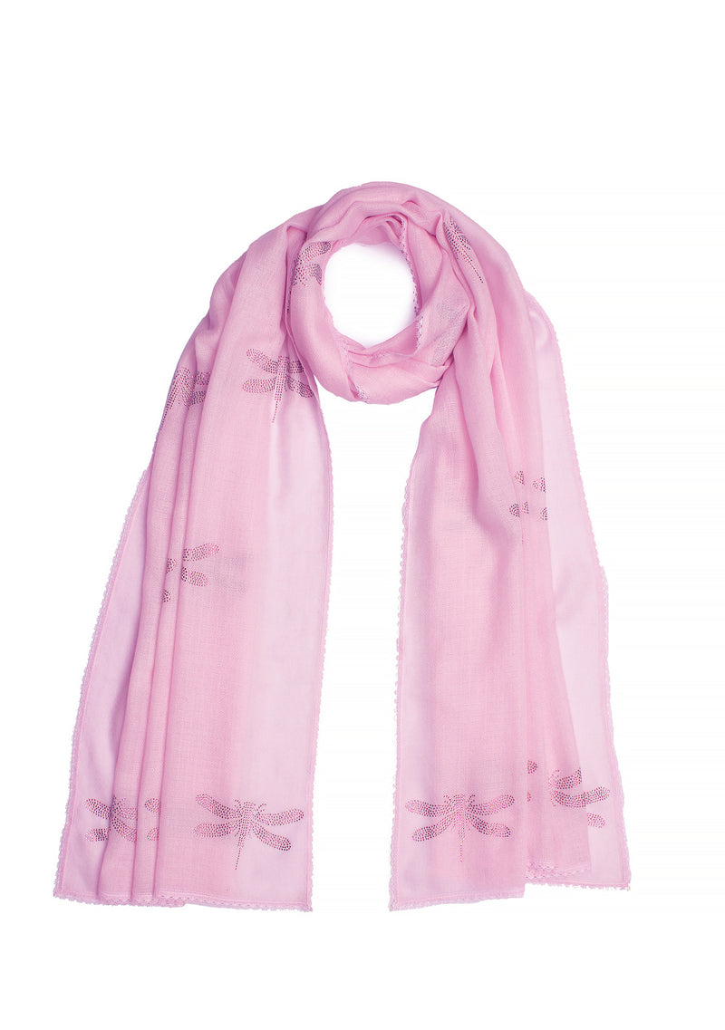 Pink Wool and Silk Scarf with Dk. Pink Swarovski Crystal Dragonfly Motifs andPink Filigree Lace Border