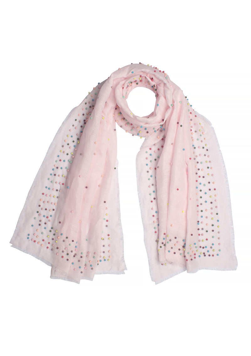 Pink Linen and Modal Scarf with Multi-colored Rudraksha Pearls