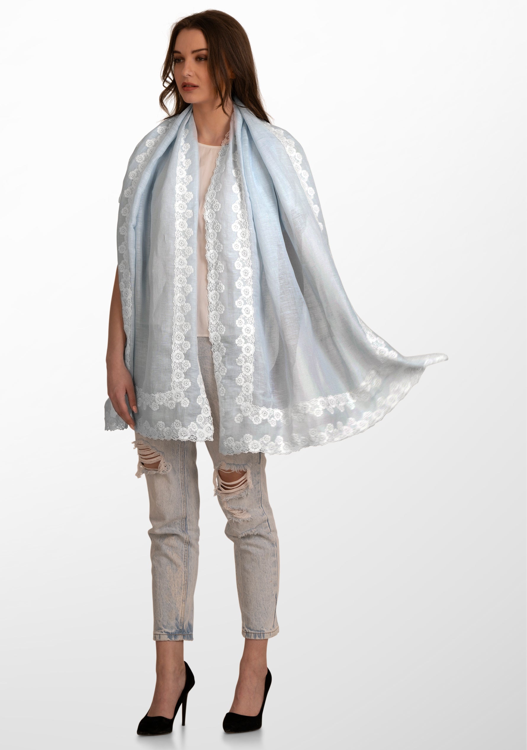 Lt. Blue Linen and Modal Scarf with a Double White Lace Border