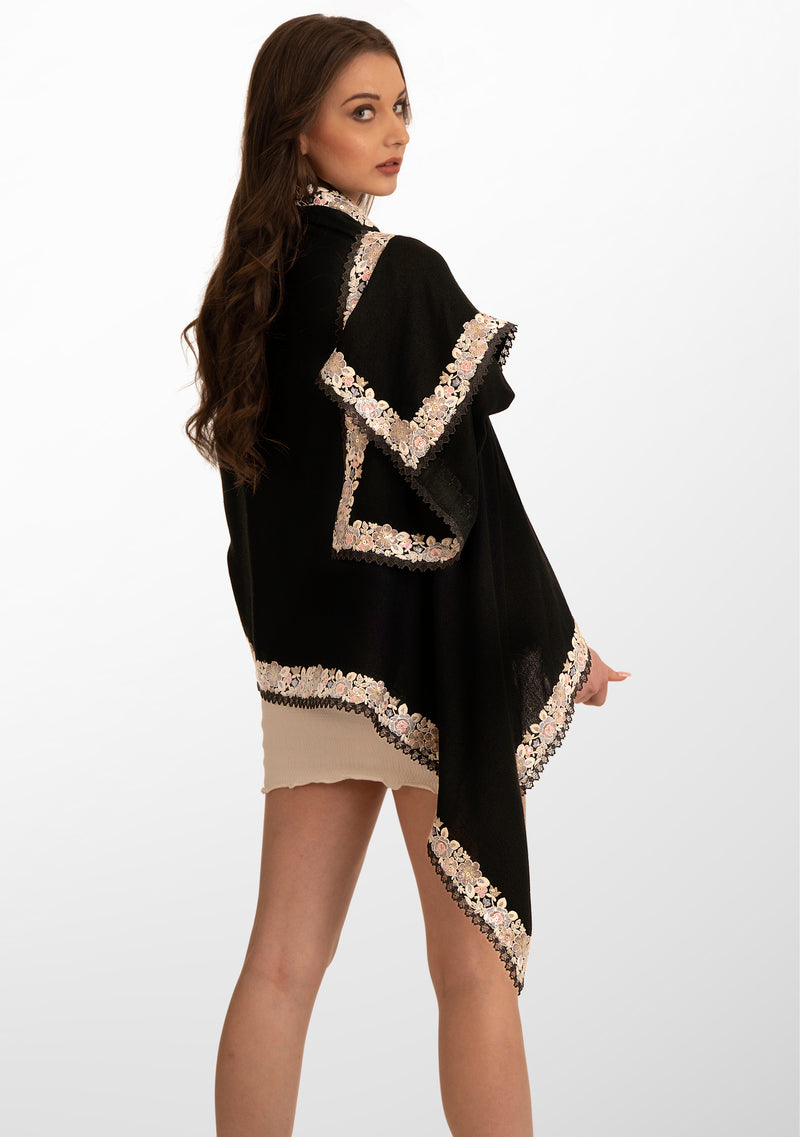 Black Wool and Silk Scarf with Multicolor Embroidery Applique and Black Lace Border