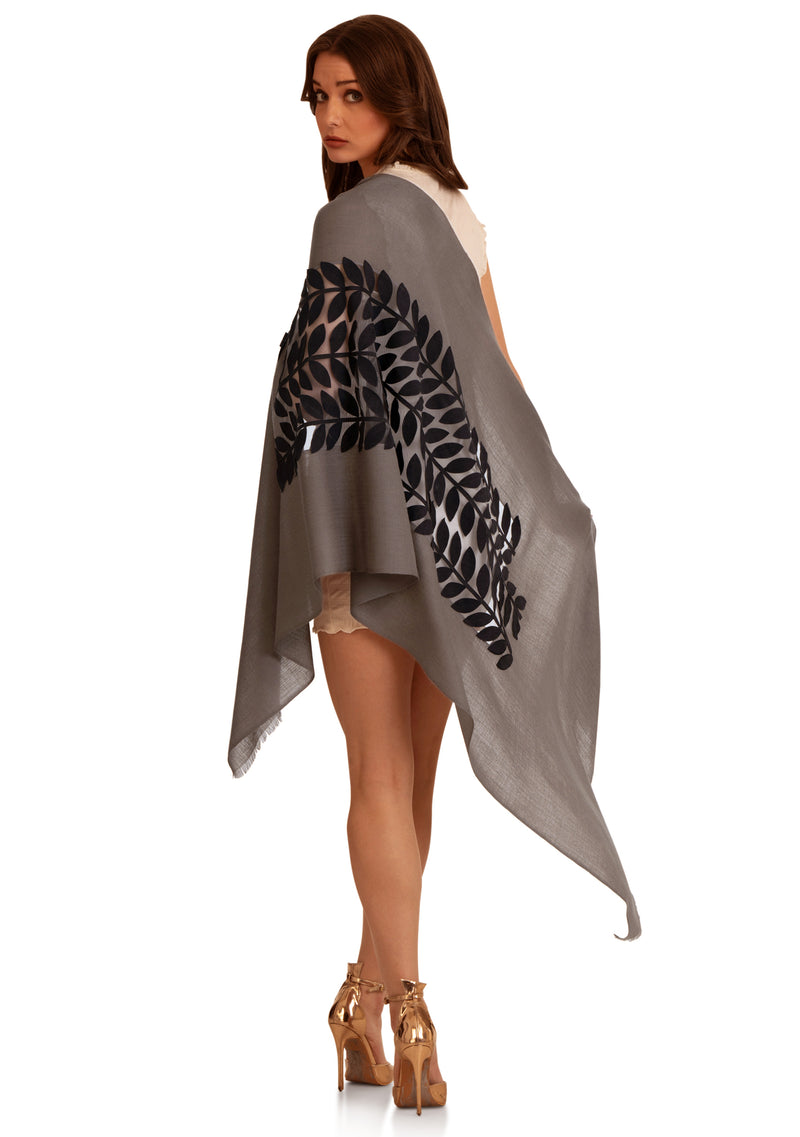 Mousse Cashmere Scarf with Charcoal Suede Leather Leaf Appliqué Center Patch