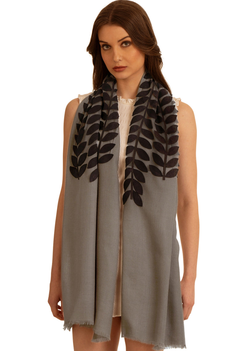 Mousse Cashmere Scarf with Charcoal Suede Leather Leaf Appliqué Center Patch