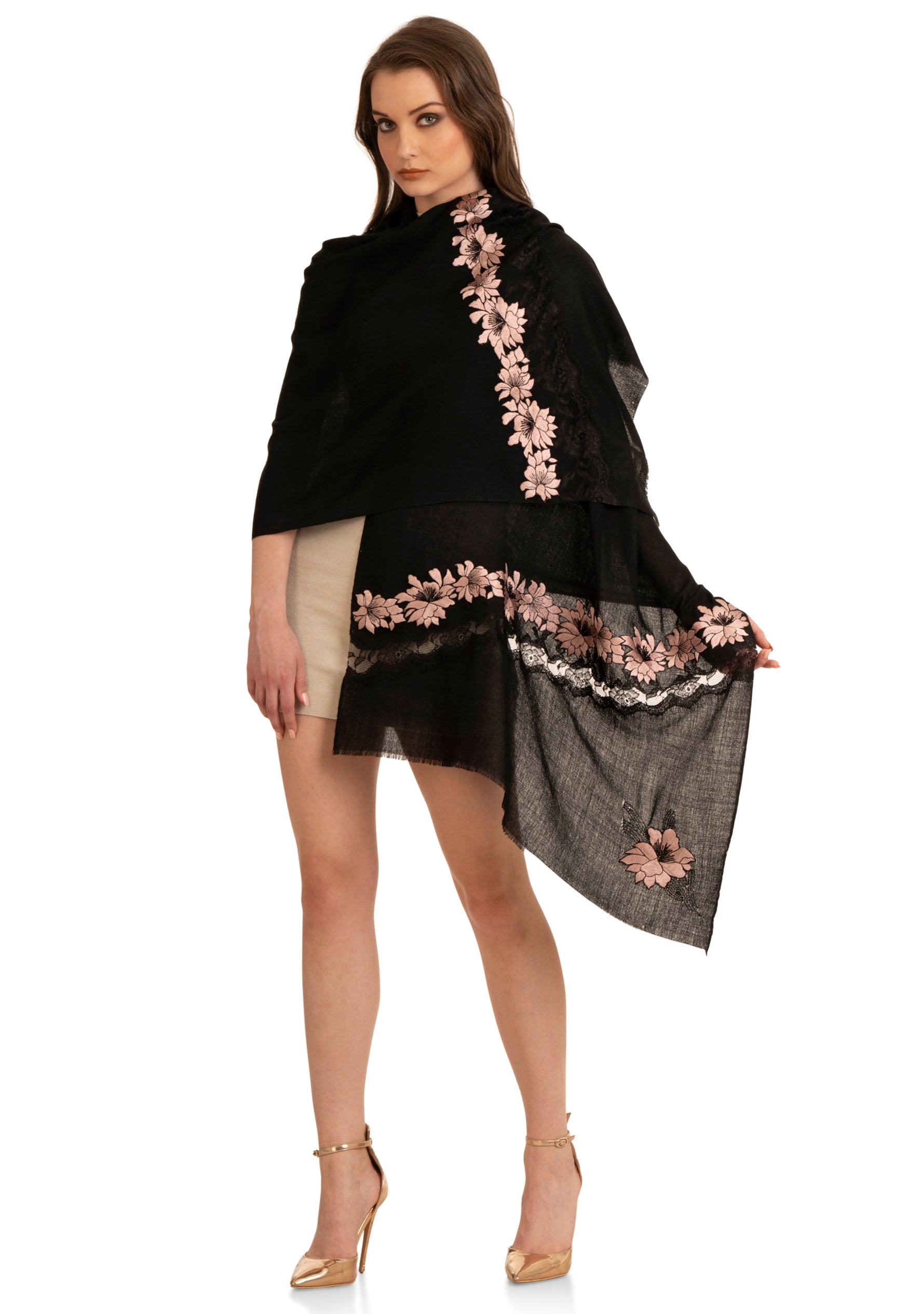 Black Cashmere Scarf with Lt. Copper Floral Embroidery and Black Filigree Lace Panel