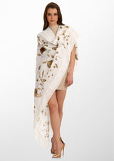 Ivory Cashmere Scarf with Hand-Painted Vintage Design and Ivory Frill and Lace Border