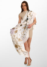 Ivory Cashmere Scarf with Hand-Painted Vintage Design and Ivory Frill and Lace Border
