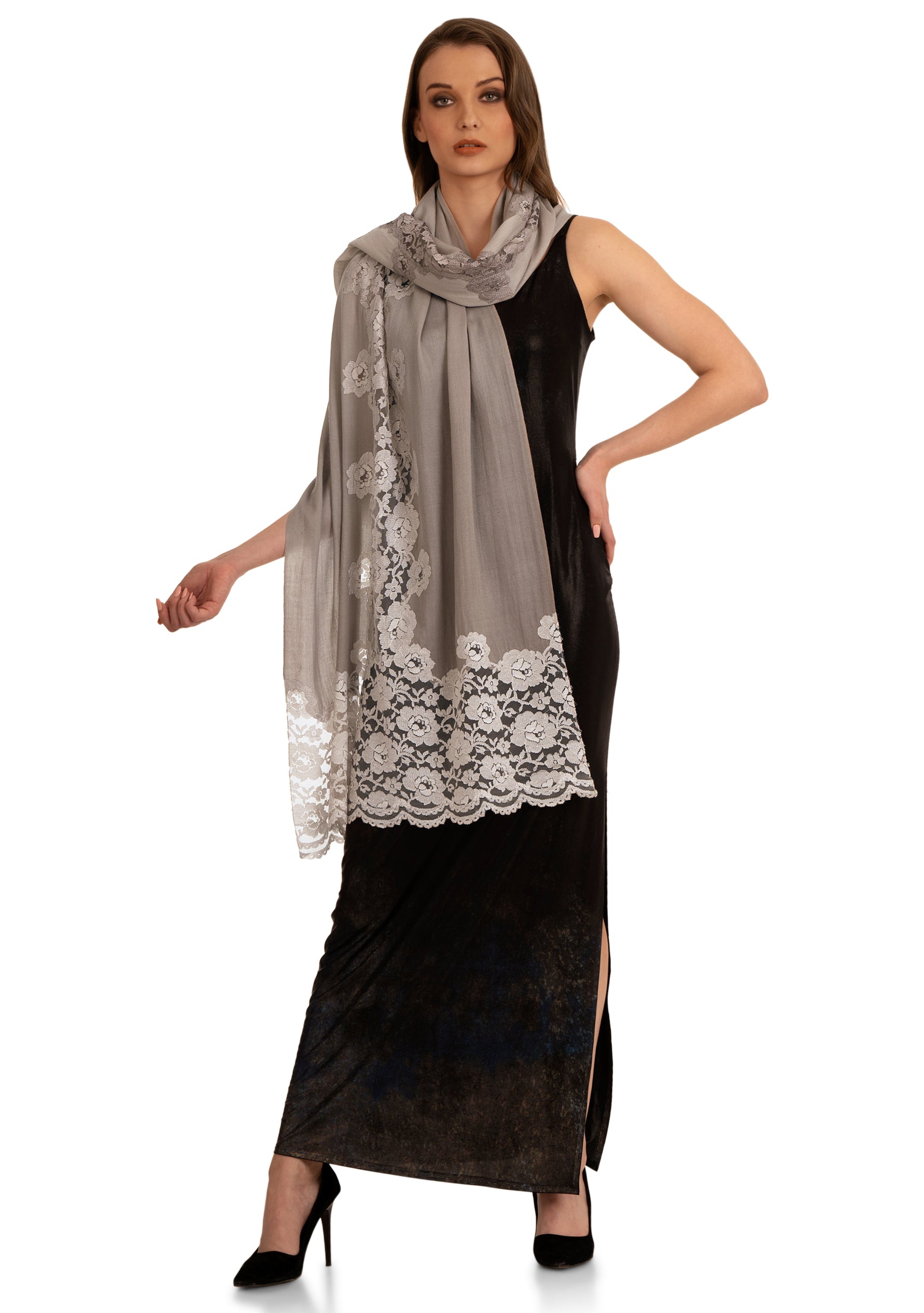 Mousse Ombre Wool and Silk Scarf with Dual-Colored Mousse Ombre Floral Lace Application