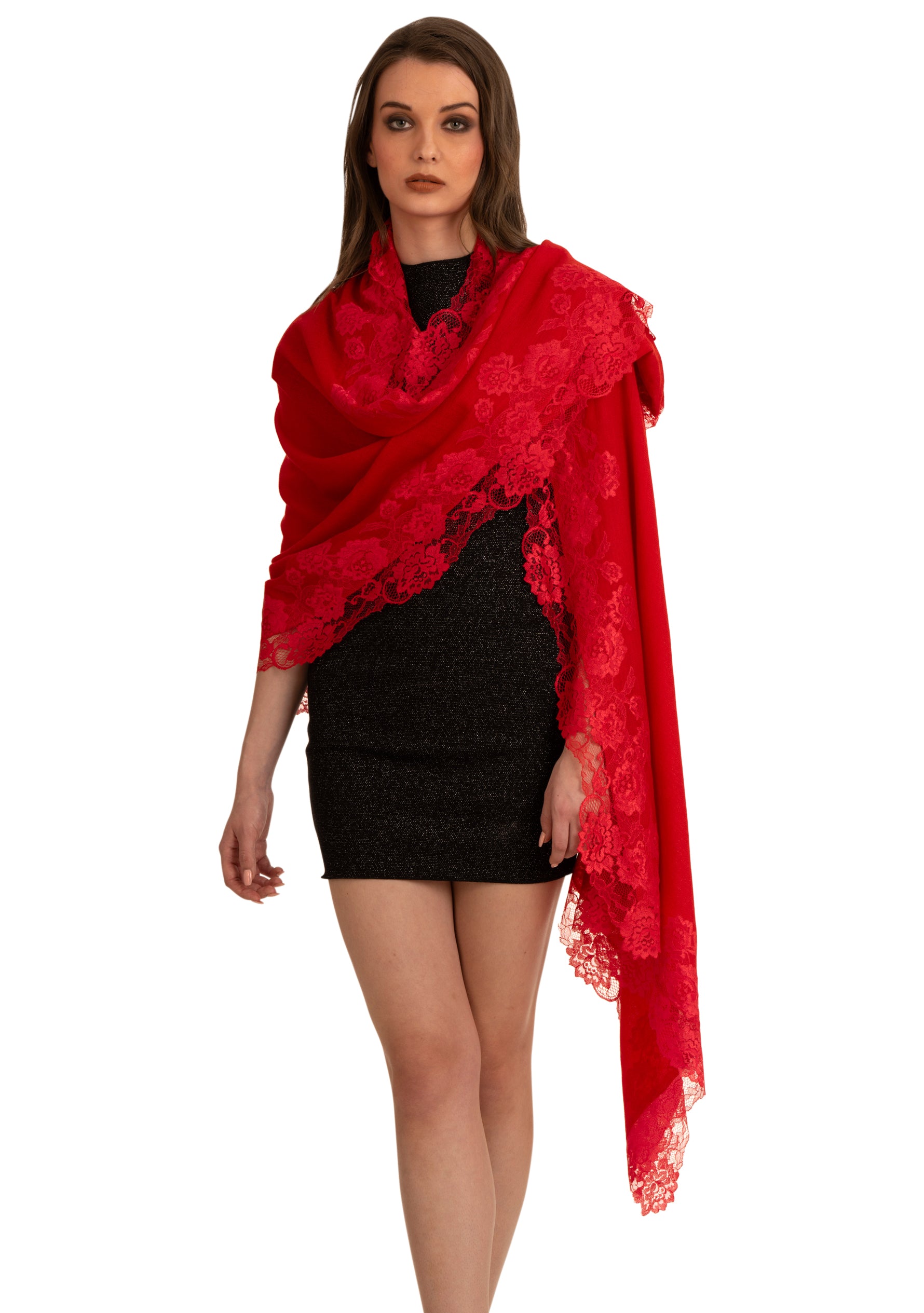 Red Cashmere Scarf with a Red Floral Chantilly Lace Border