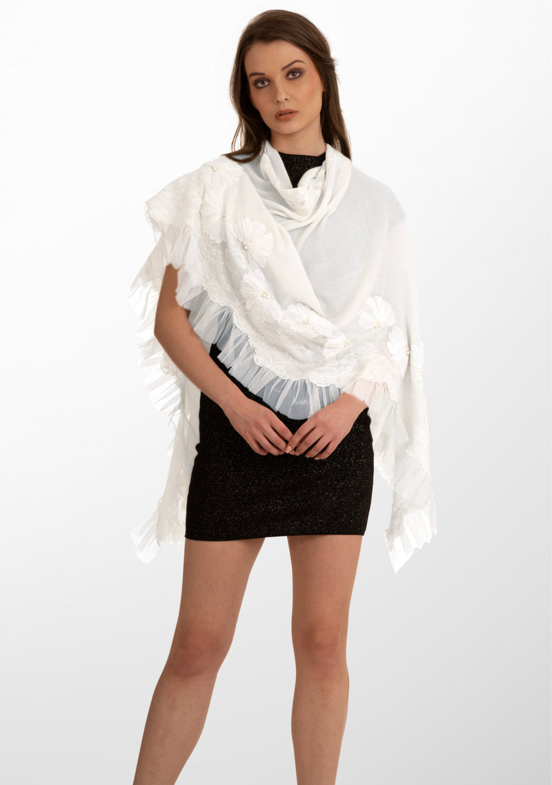 Ivory Cashmere Scarf with Ivory Pearls, Embroidery, Frill and Lace Detailing
