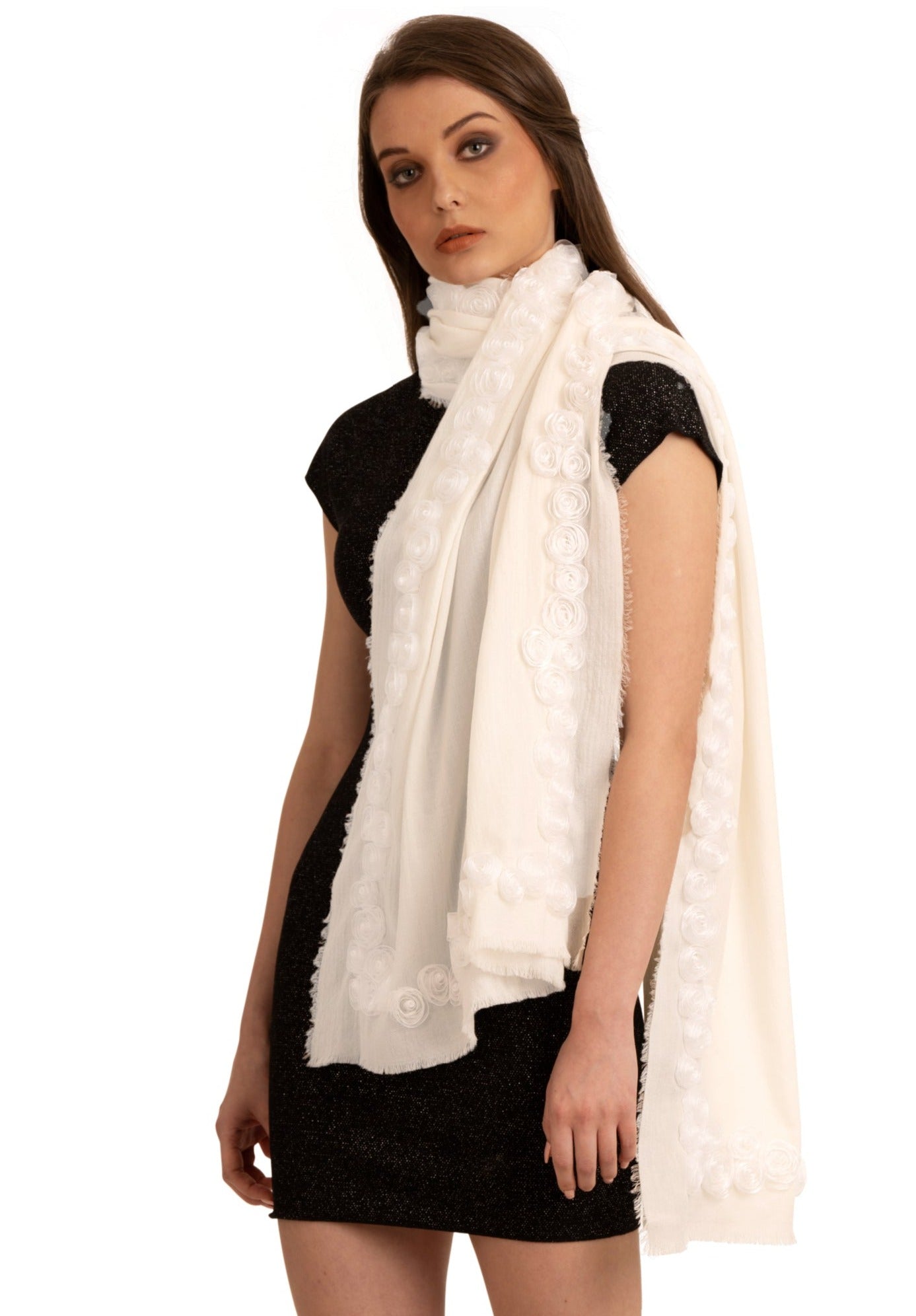 Ivory Cashmere Scarf with Ivory Ribbon Rose Border