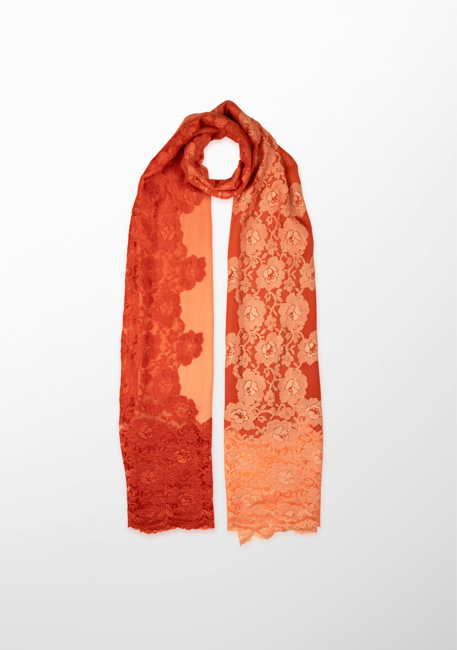 Brick Ombre Wool and Silk Scarf with Dual-Colored Brick Ombre Floral Lace Application