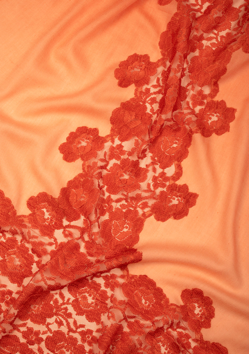 Brick Ombre Wool and Silk Scarf with Dual-Colored Brick Ombre Floral Lace Application