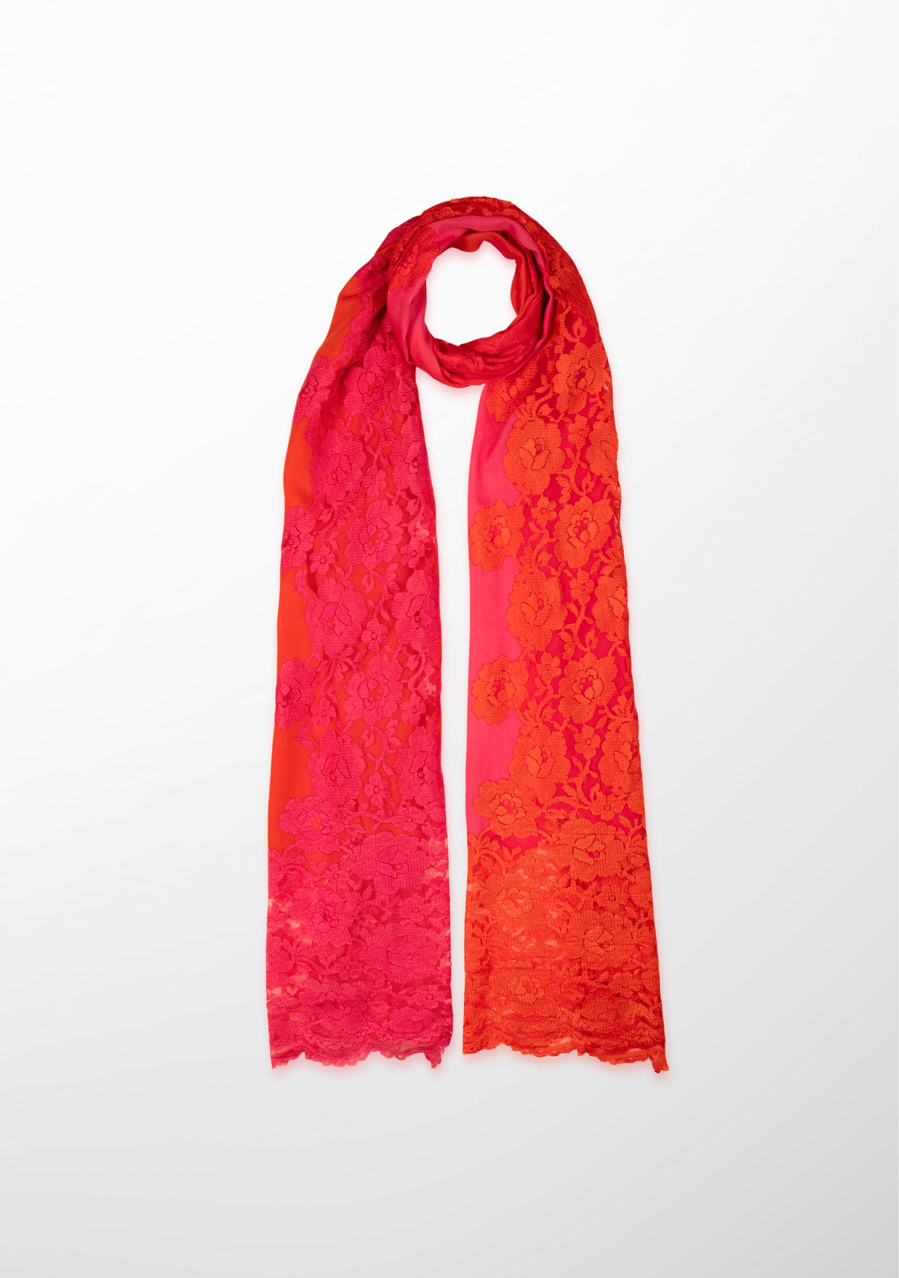 Sunset Pink Ombre Wool and Silk Scarf with Dual-Colored Sunset Pink Ombre Floral Lace Application