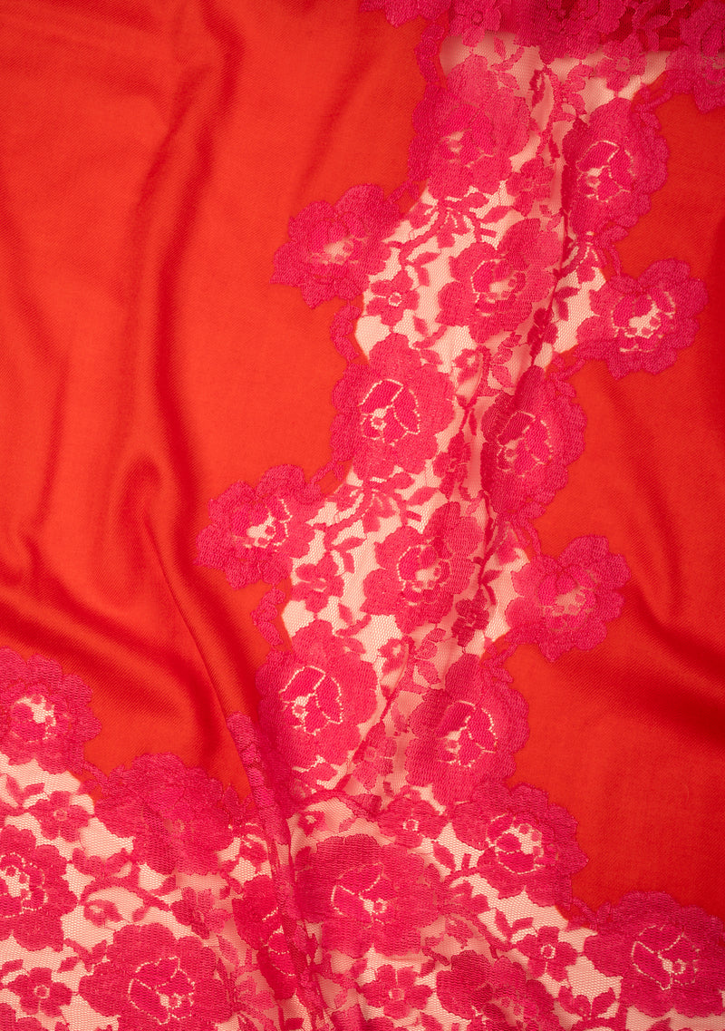 Sunset Pink Ombre Wool and Silk Scarf with Dual-Colored Sunset Pink Ombre Floral Lace Application