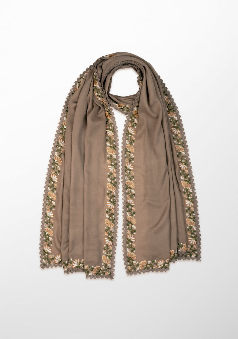 Natural Wool and Silk Scarf with Multicolor Embroidery Applique and Natural Lace Border