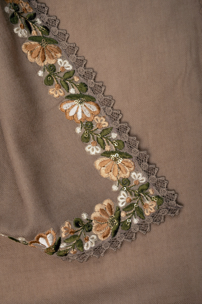 Natural Wool and Silk Scarf with Multicolor Embroidery Applique and Natural Lace Border
