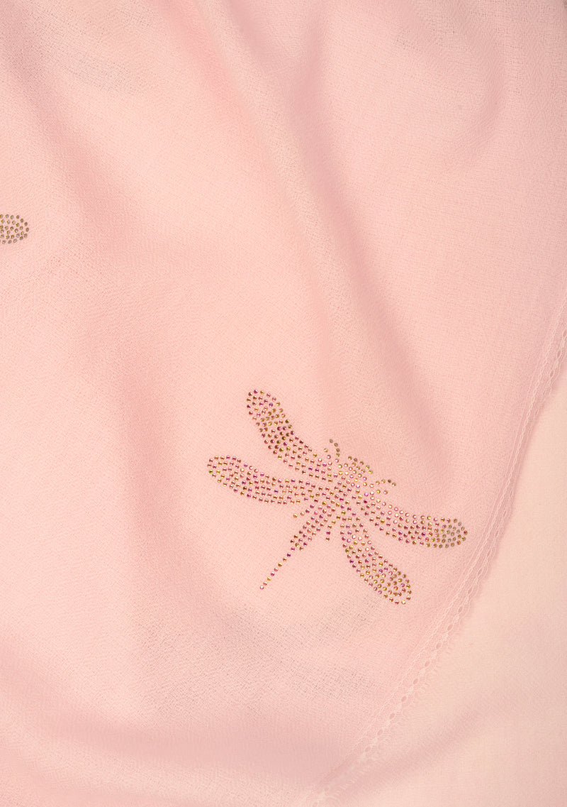 Pink Wool and Silk Scarf with Dk. Pink Swarovski Crystal Dragonfly Motifs andPink Filigree Lace Border