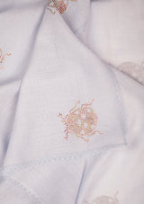 Powder Blue Wool and Silk Scarf with Dk. Pink Swarovski Motifs andPowder Blue Lace Border