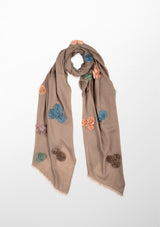 Taupe Cashmere Scarf with Multi Colored Ribbon Roses