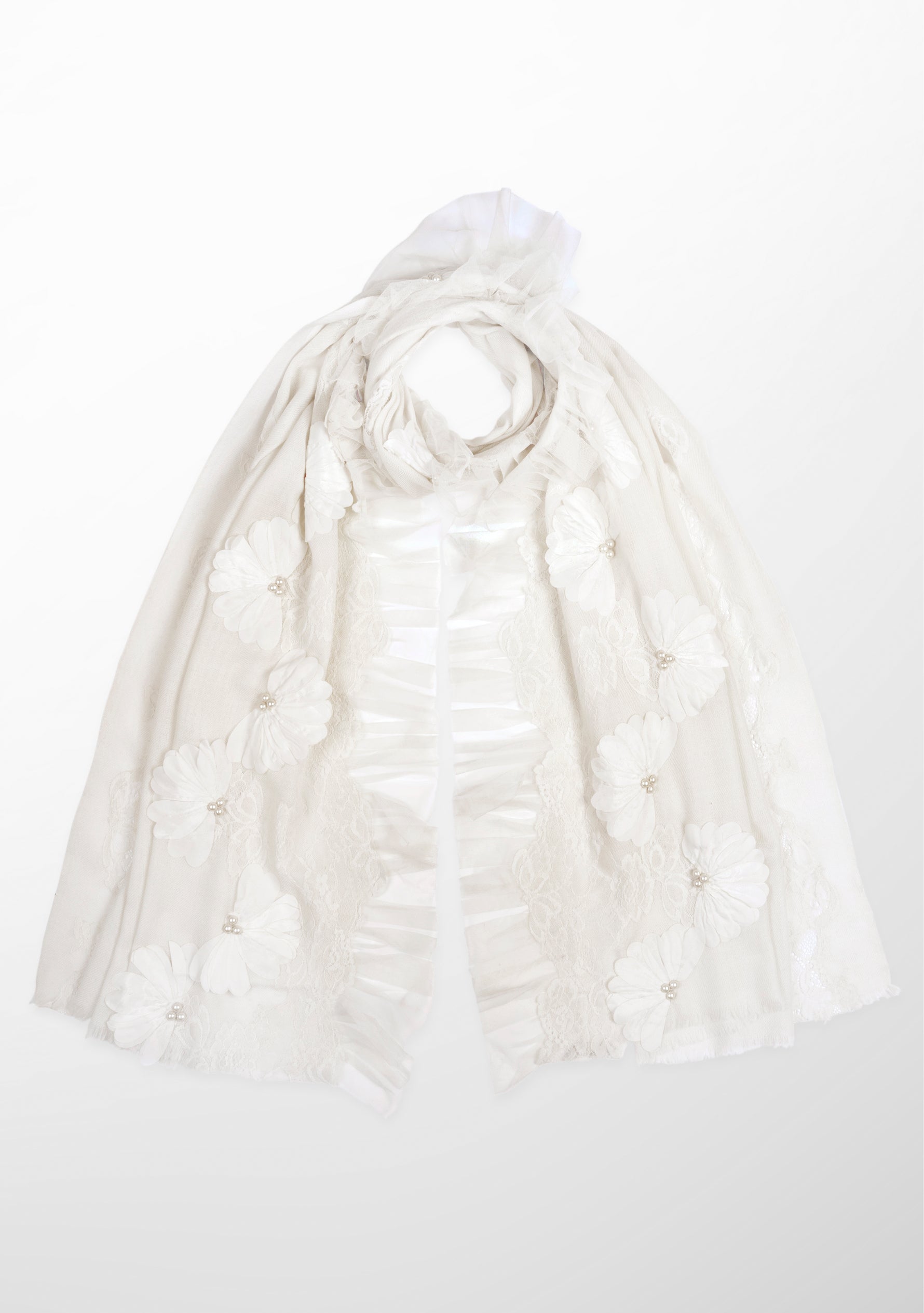 Ivory Cashmere Scarf with Pearls, Embroidery, Frill and Lace Detailing