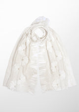 Ivory Cashmere Scarf with Ivory Pearls, Embroidery, Frill and Lace Detailing