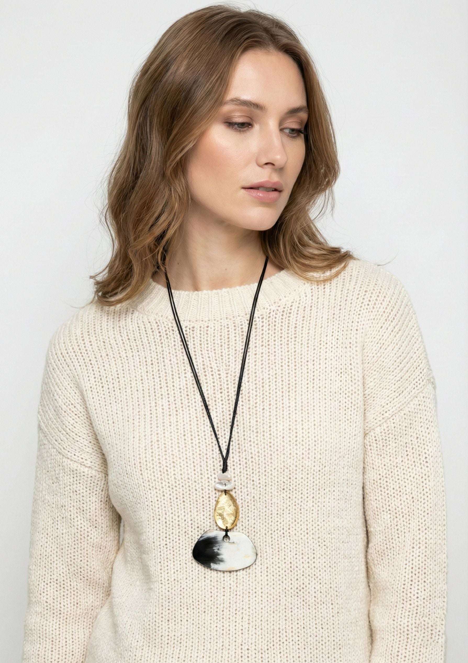 Black Cord with White Baroque Pearls, Natural-Gold Resin & Black-White Buffalo Horn Pendant Necklace jewelry
