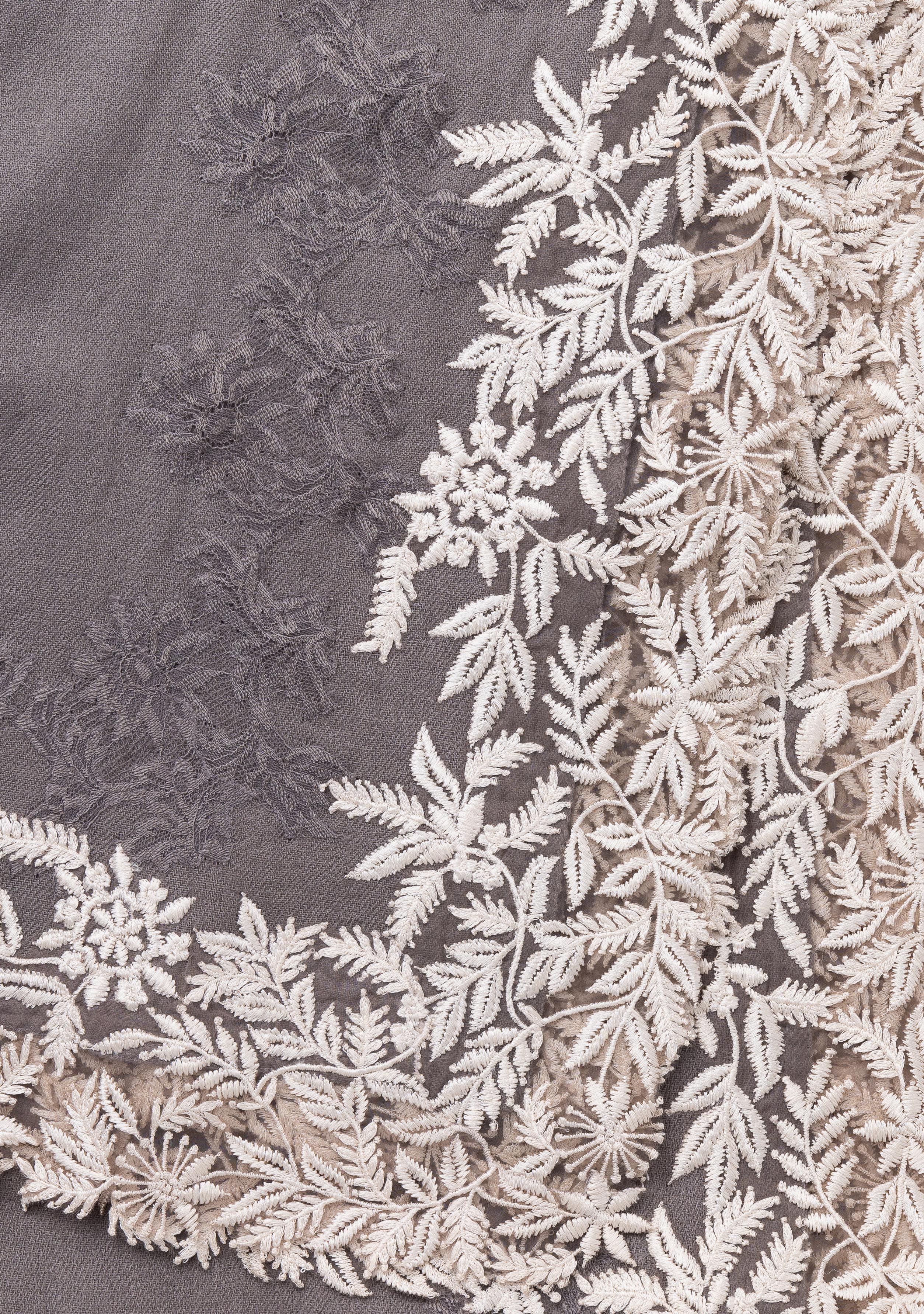 Mousse Cashmere Scarf with an Ivory Leaf Embroidery Border and Mousse Floral Lace Inset