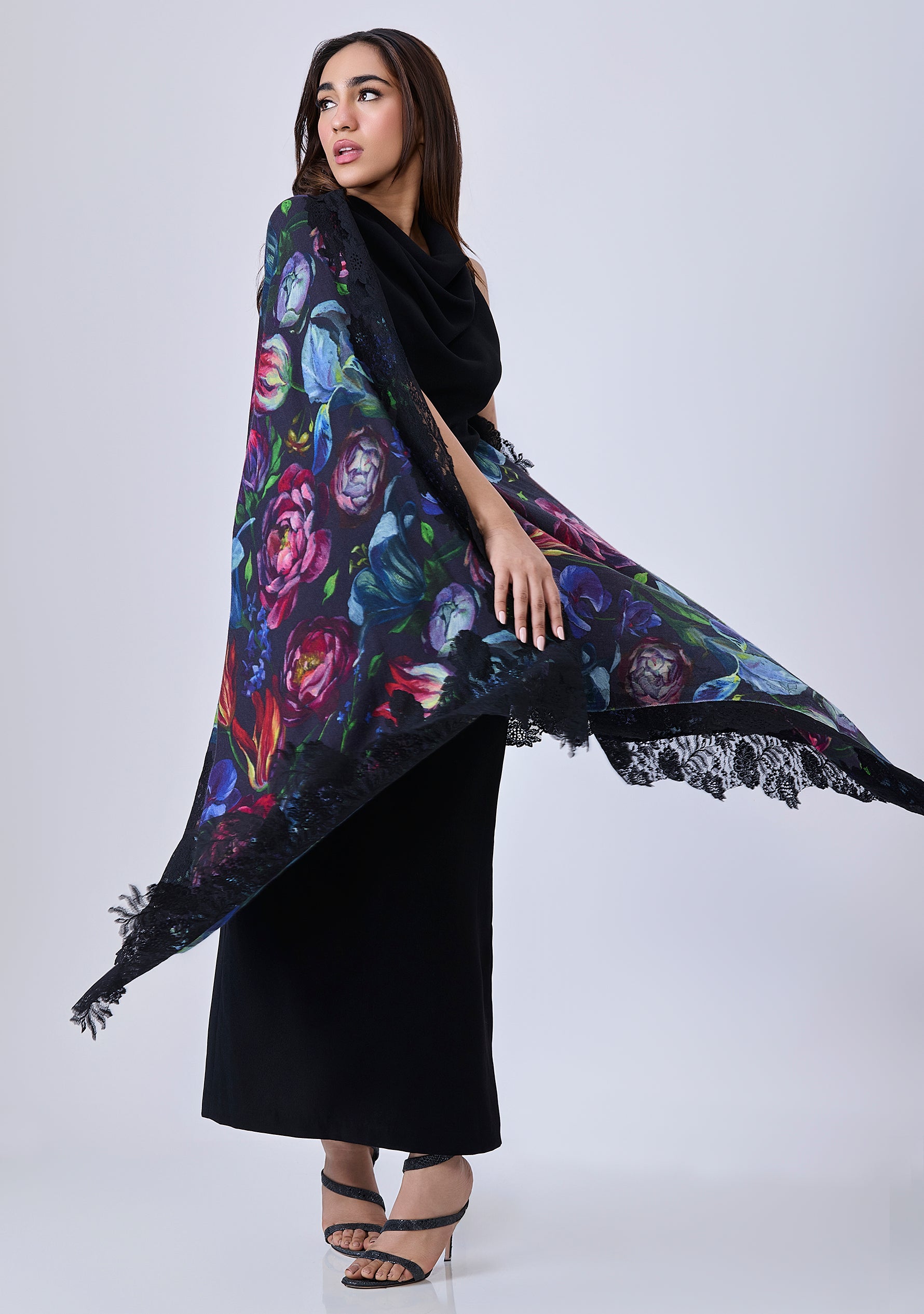 Tulip Print Wool and Silk Scarf with a Black Floral Lace Border