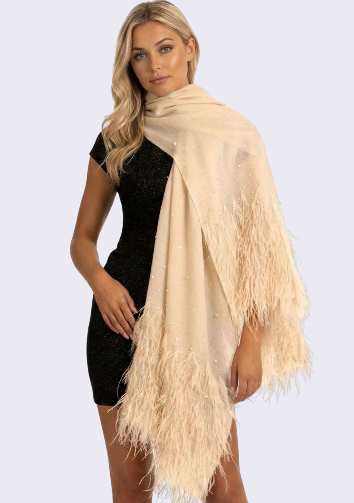 Maneesha Ruia Beige Cashmere Pashmina Scarf with tonal sequins and ostrich feather embellishments