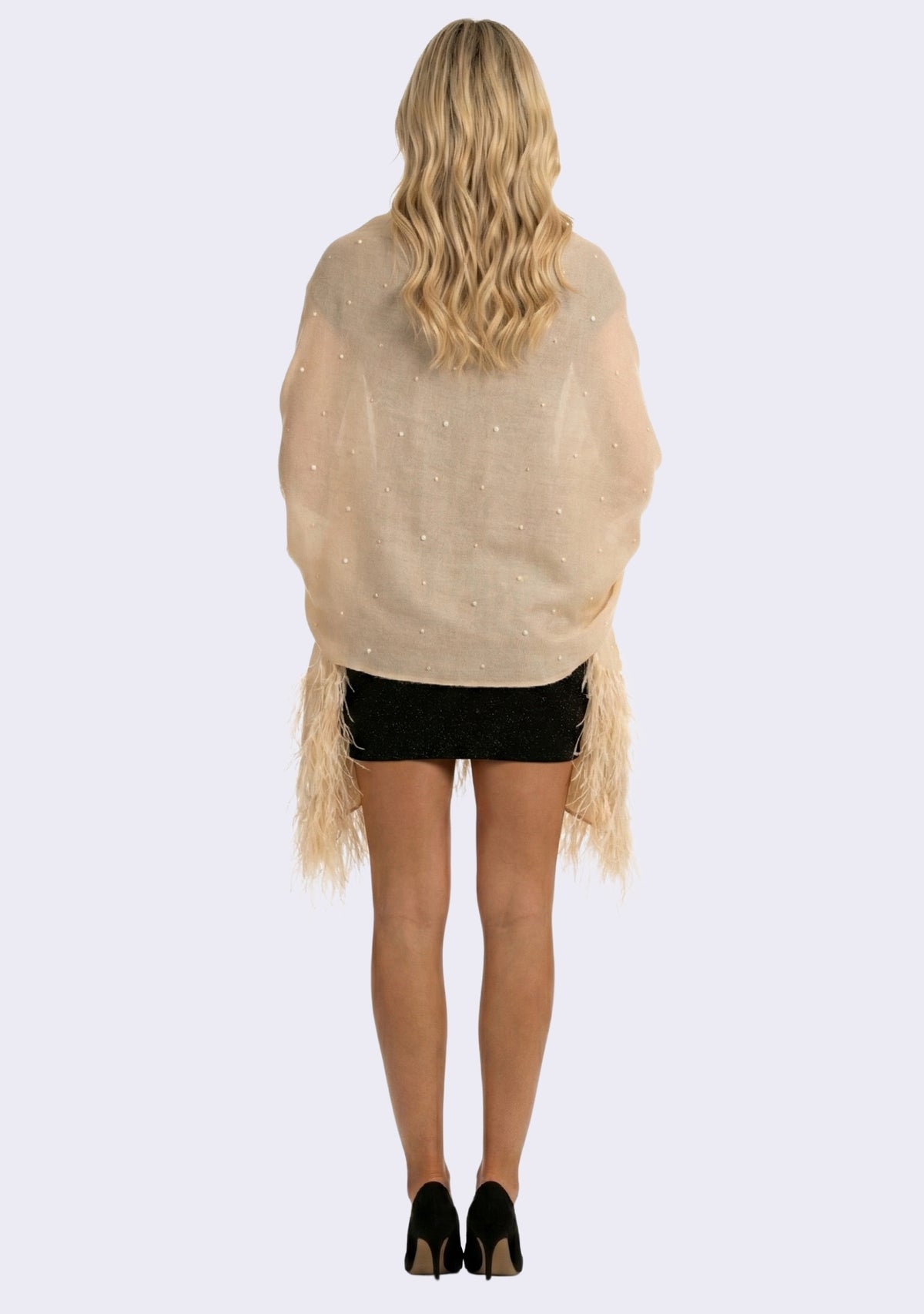 Maneesha Ruia Beige Cashmere Pashmina Scarf with tonal sequins and ostrich feather embellishments