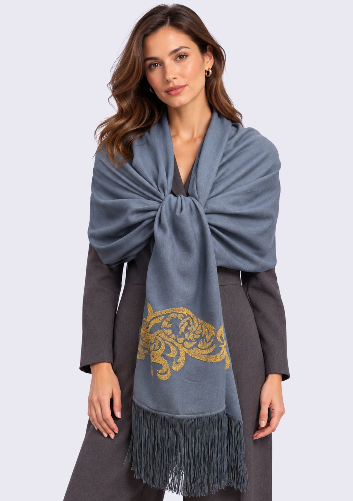 Maneesha Ruia Clara Dark Gray Fine Wool Scarf with gold metallic embroidery and dark gray fringes