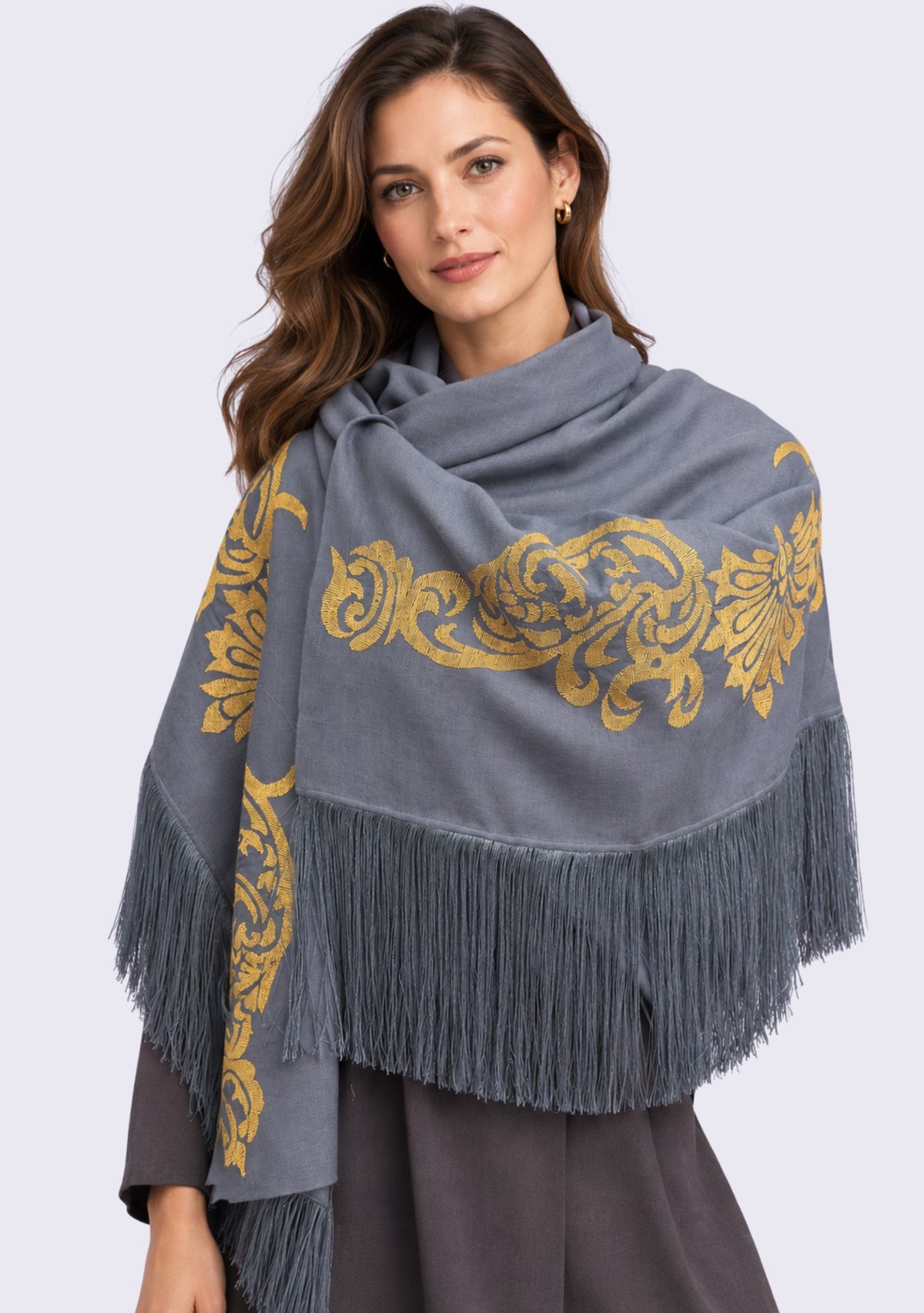 Maneesha Ruia Clara Dark Gray Fine Wool Scarf with gold metallic embroidery and dark gray fringes