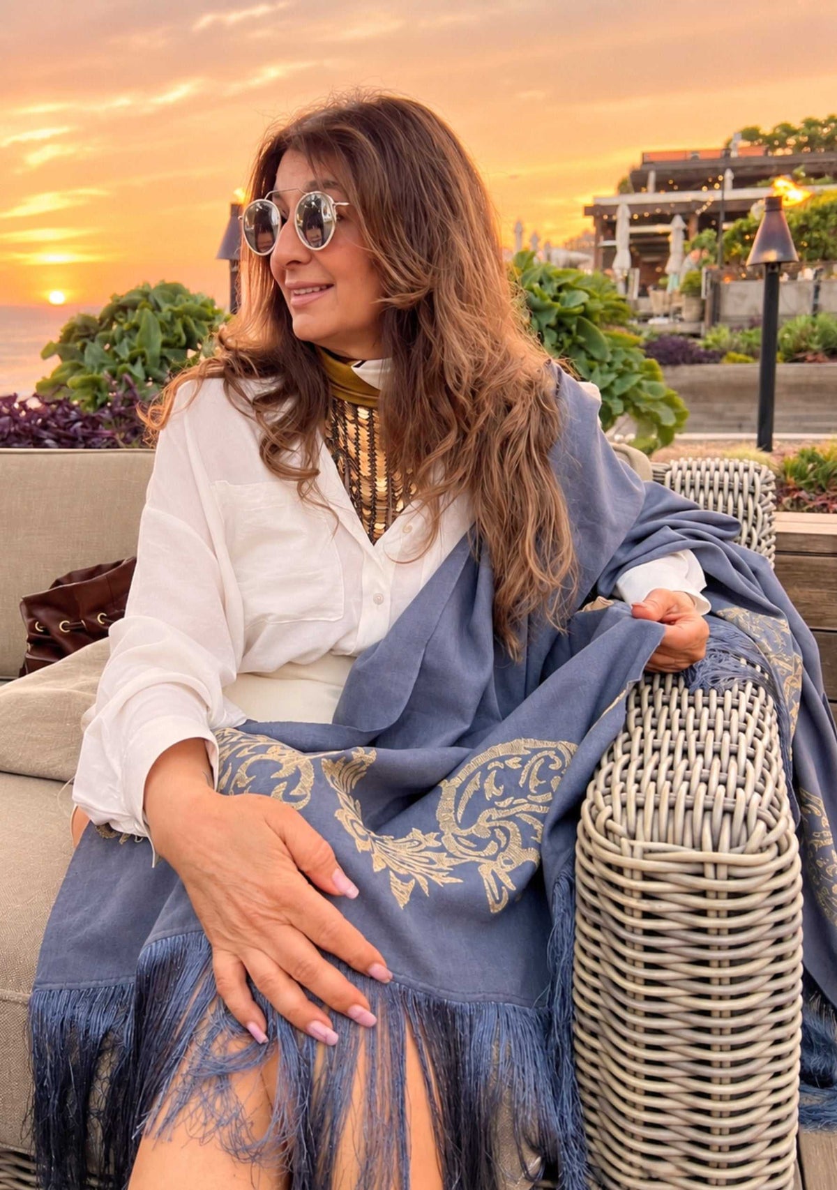 Maneesha Ruia Clara Dark Gray Fine Wool Scarf with gold metallic embroidery and dark gray fringes