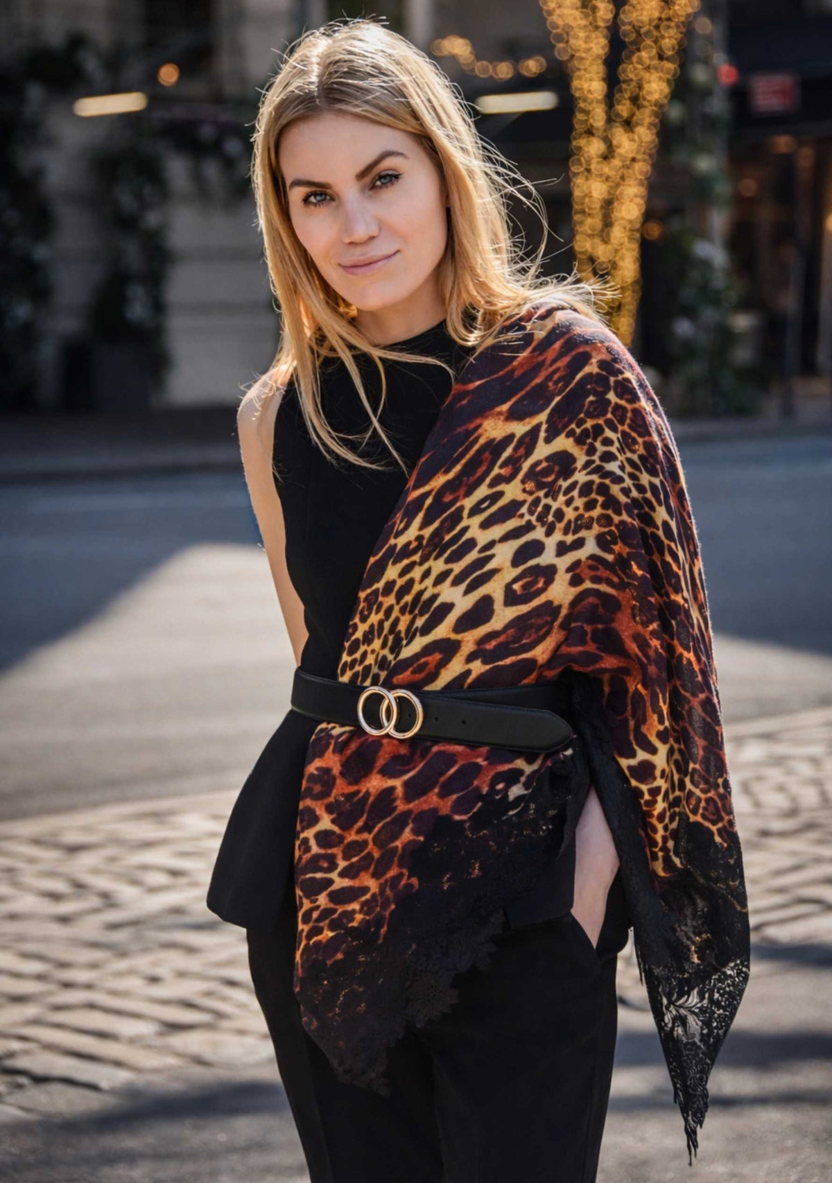 Maneesha Ruia Cleta Black Leopard Print Wool Silk Scarf with black floral lace border