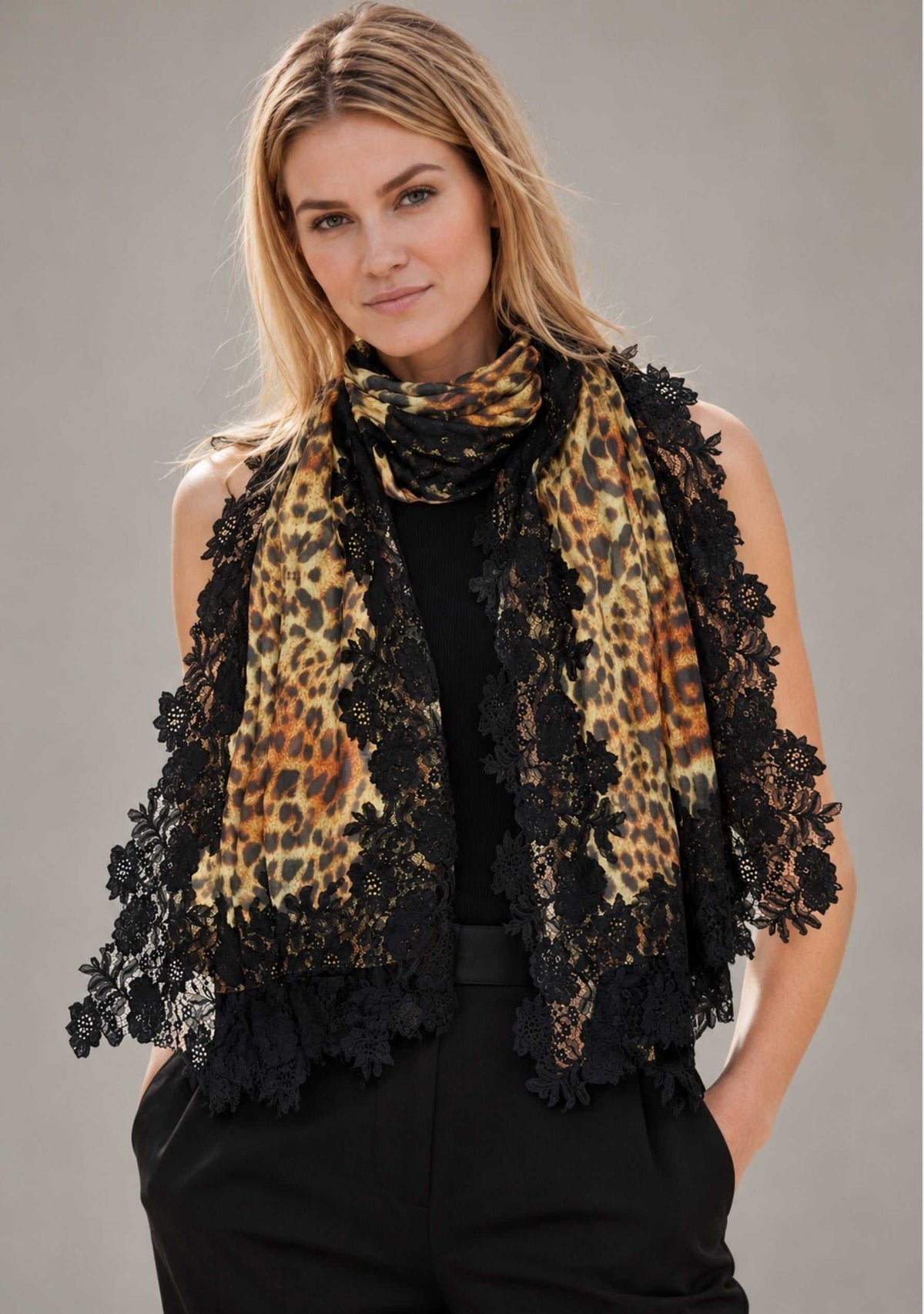 Maneesha Ruia Cleta Black Leopard Print Wool Silk Scarf with black floral lace border
