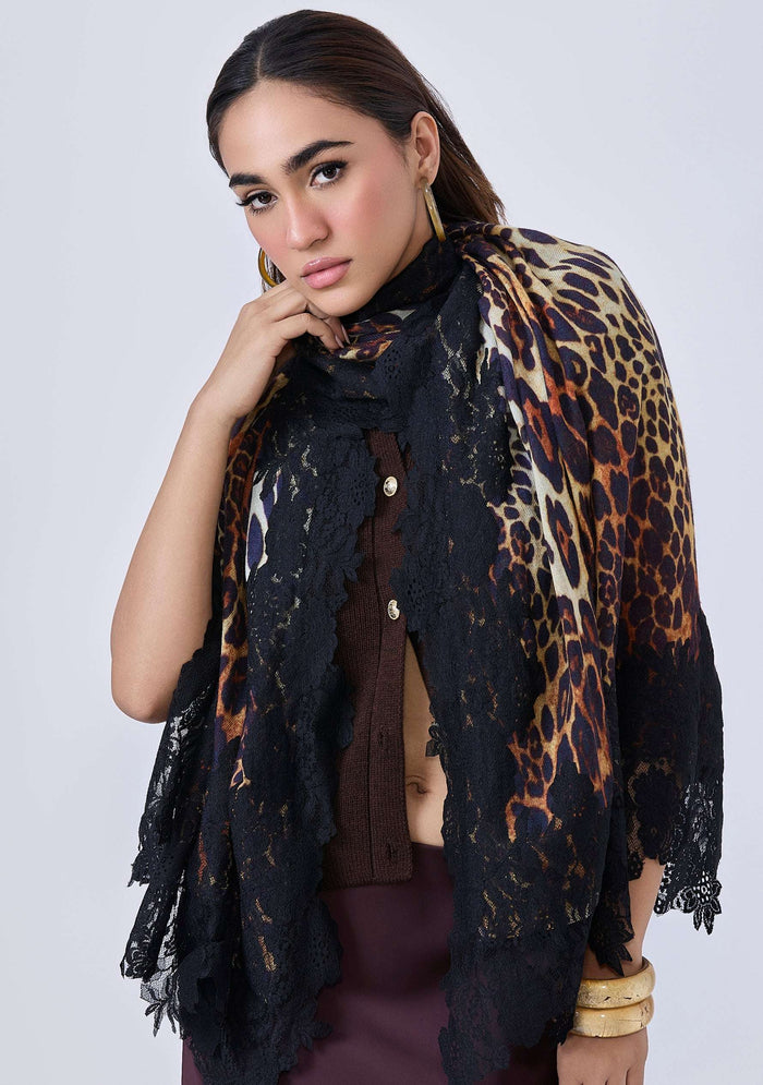 Maneesha Ruia Cleta Black Leopard Print Wool Silk Scarf with black floral lace border