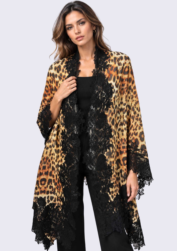 Maneesha Ruia Cleta Black Leopard Print Wool Silk Scarf with black floral lace border