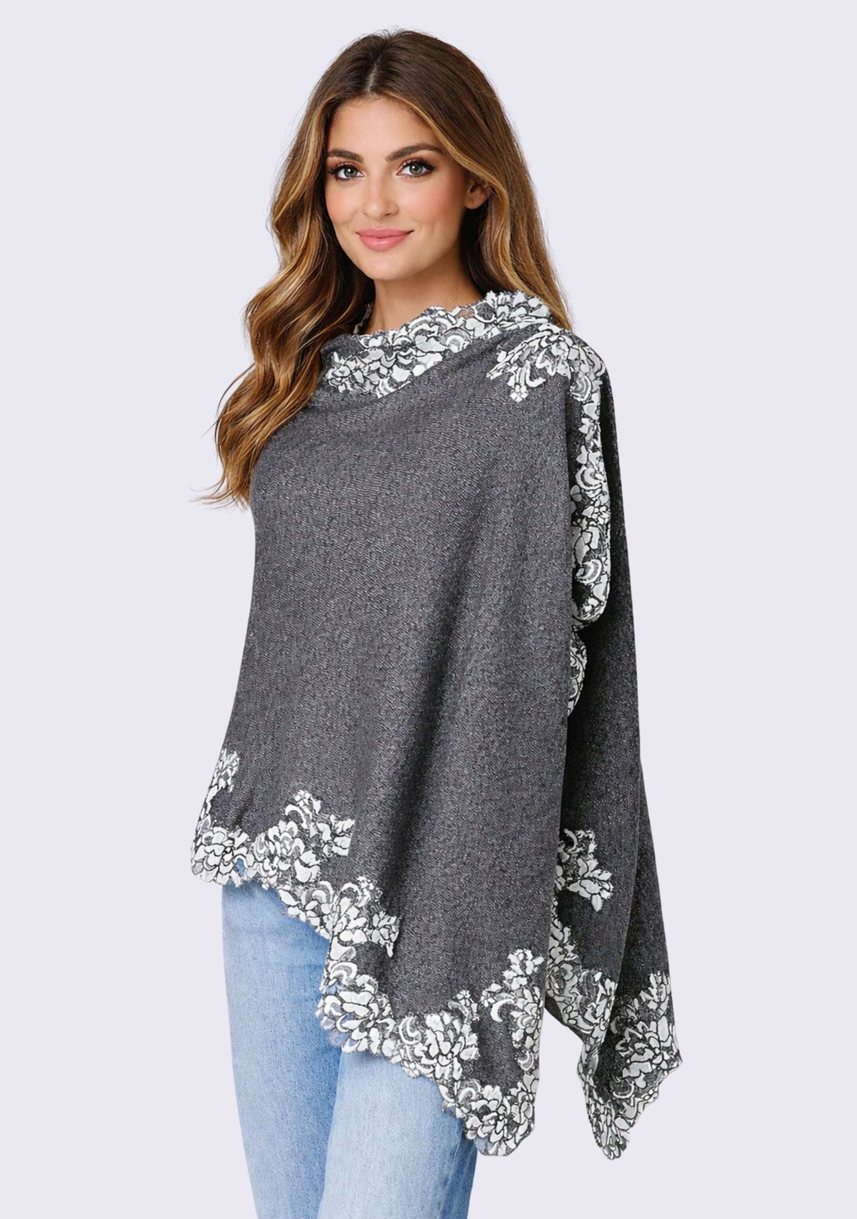 Maneesha Ruia Dark Gray Melange Wool Poncho with ivory Chantilly lace border and black outlines