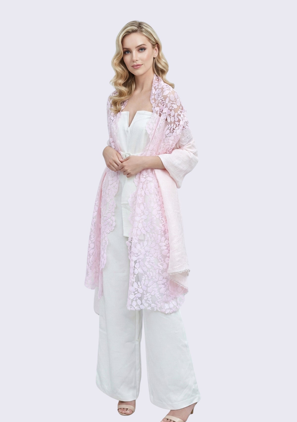 Maneesha Ruia Jenny Lin Soft Pink Linen Modal Scarf with tonal pink leaf-patterned lace