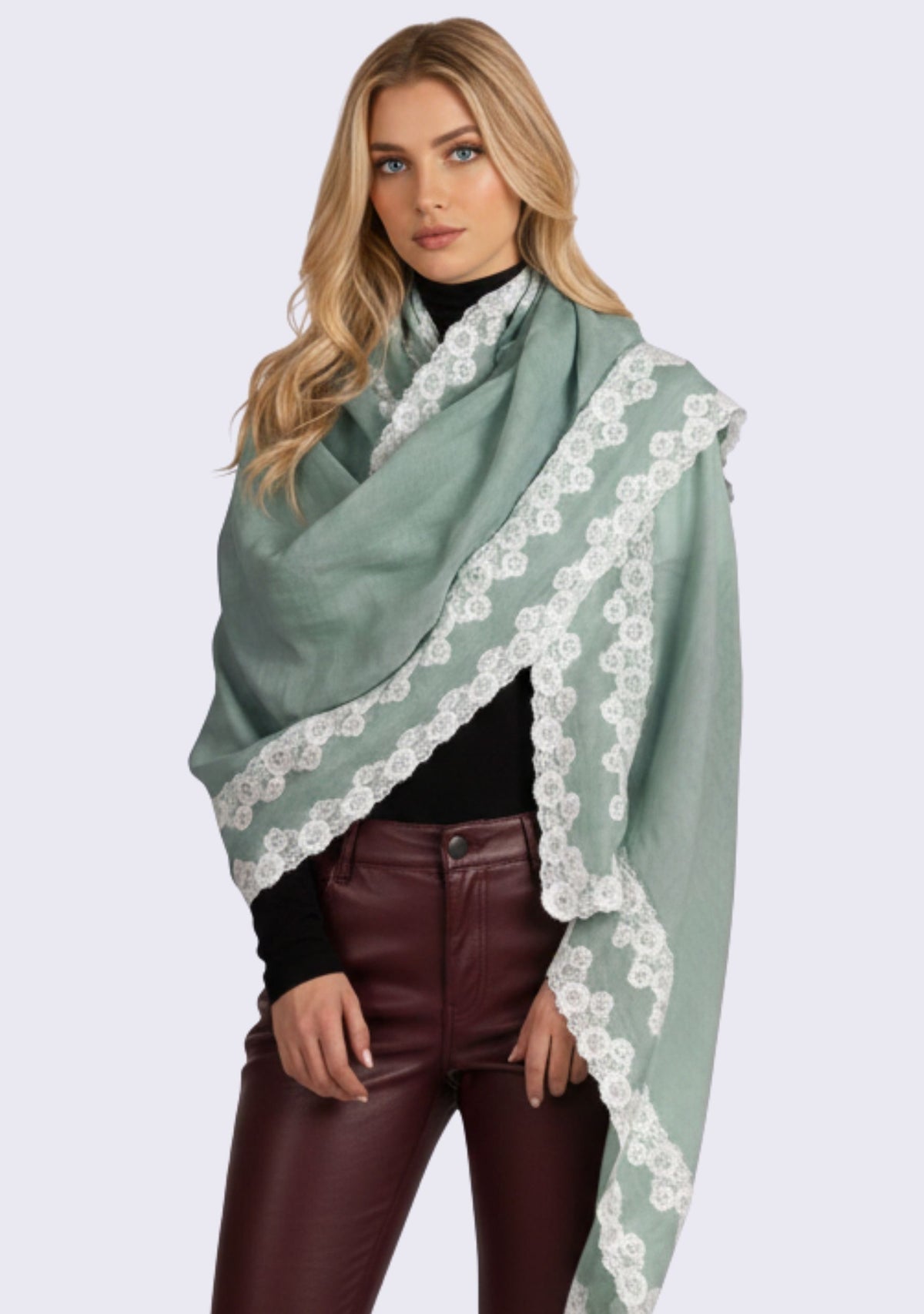 Maneesha Ruia Light Sage Green Linen Modal Scarf with double white floral lace border