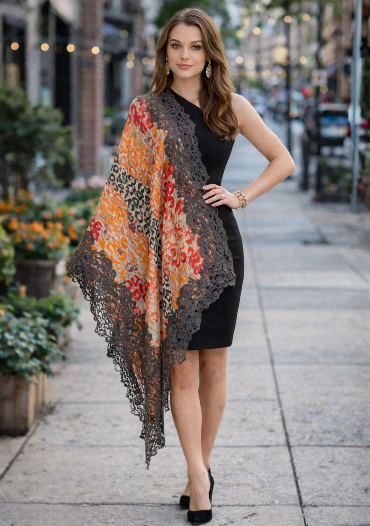 Maneesha Ruia Red Leopard Print Wool Silk Scarf with contrasting gray floral lace border