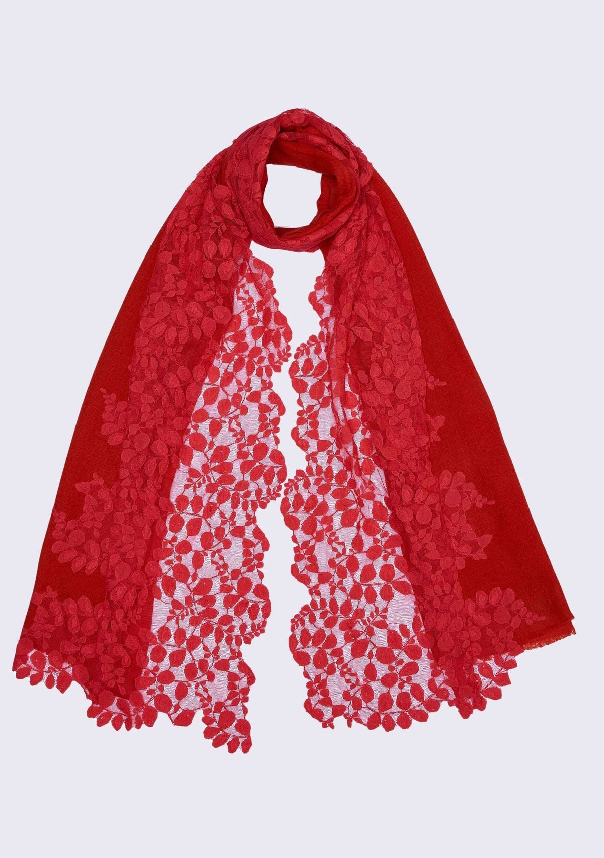 Maneesha Ruia Tomato Red Silk Wool Scarf with tonal red leaf-patterned lace border