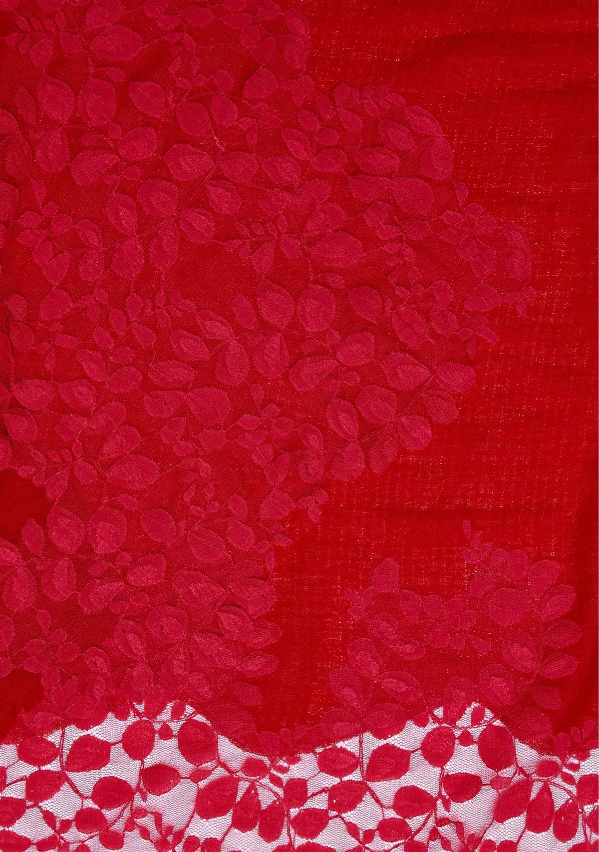 Maneesha Ruia Tomato Red Silk Wool Scarf with tonal red leaf-patterned lace border