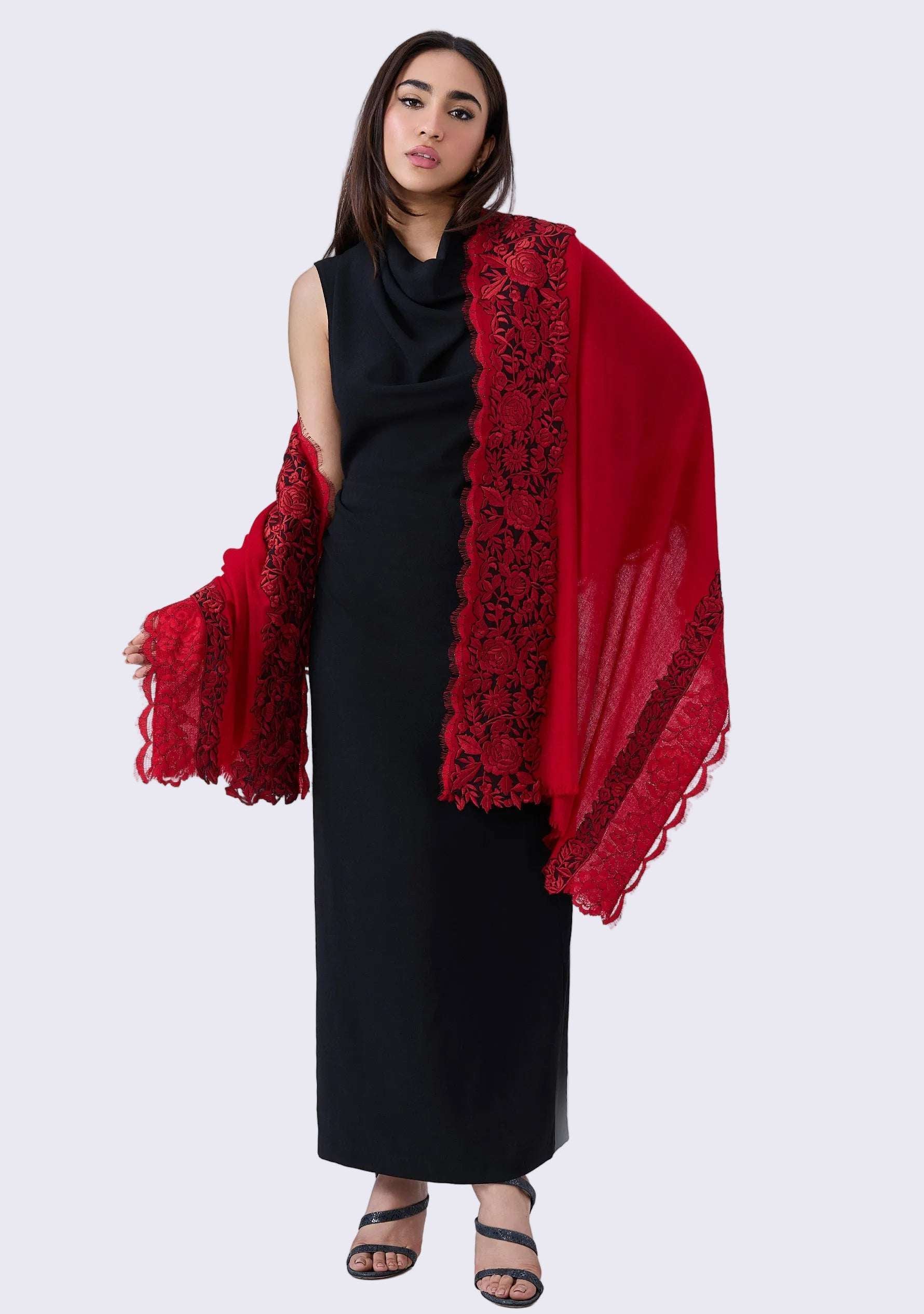 Red Cashmere Scarf 
Black & Red Embroidery and Lace