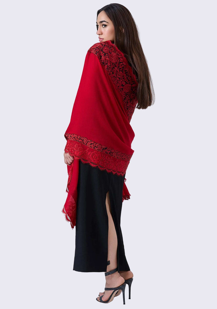 Red Cashmere Scarf 
Black & Red Embroidery and Lace