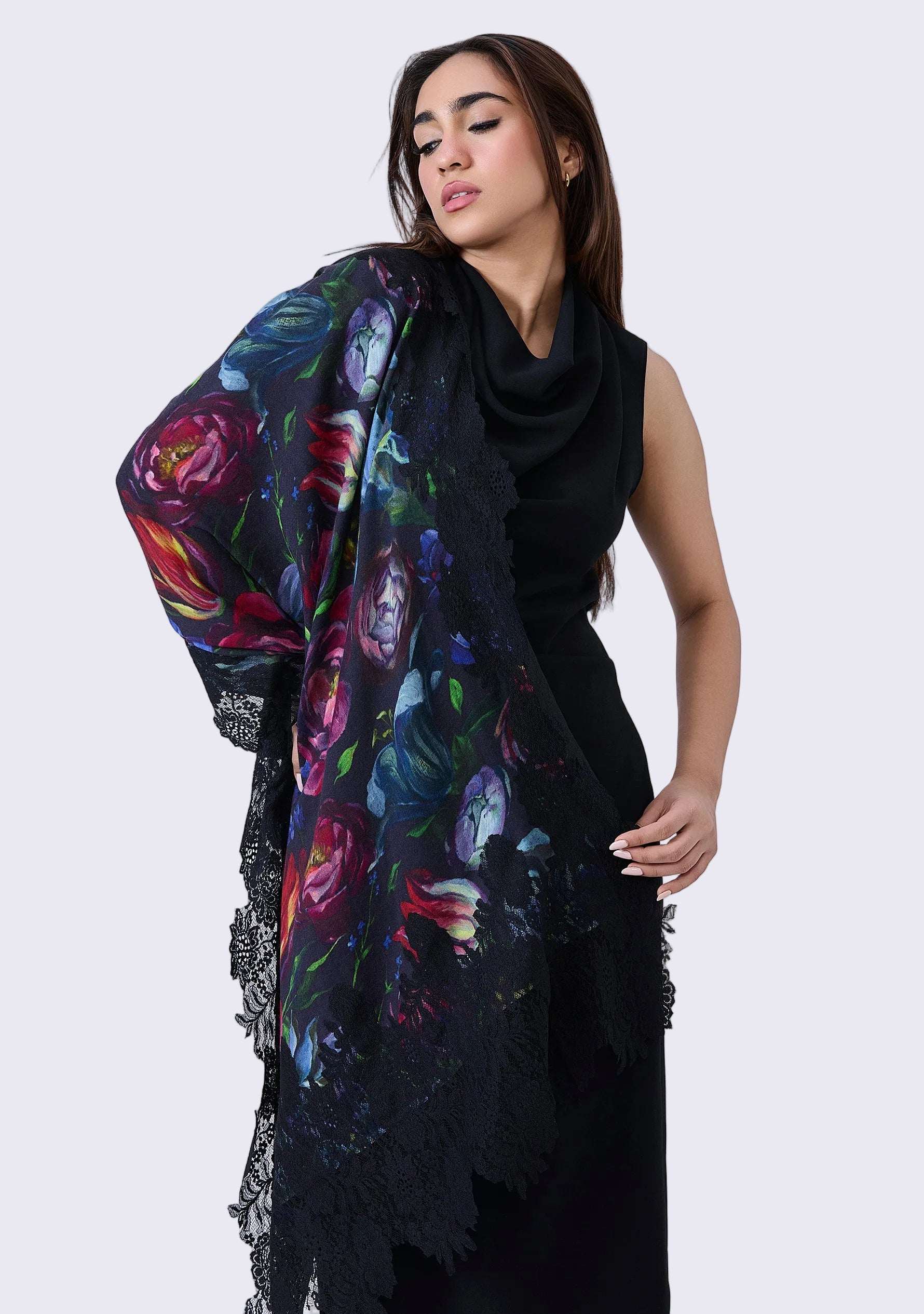 Tulip Print Wool & Silk Scarf Black Lace
