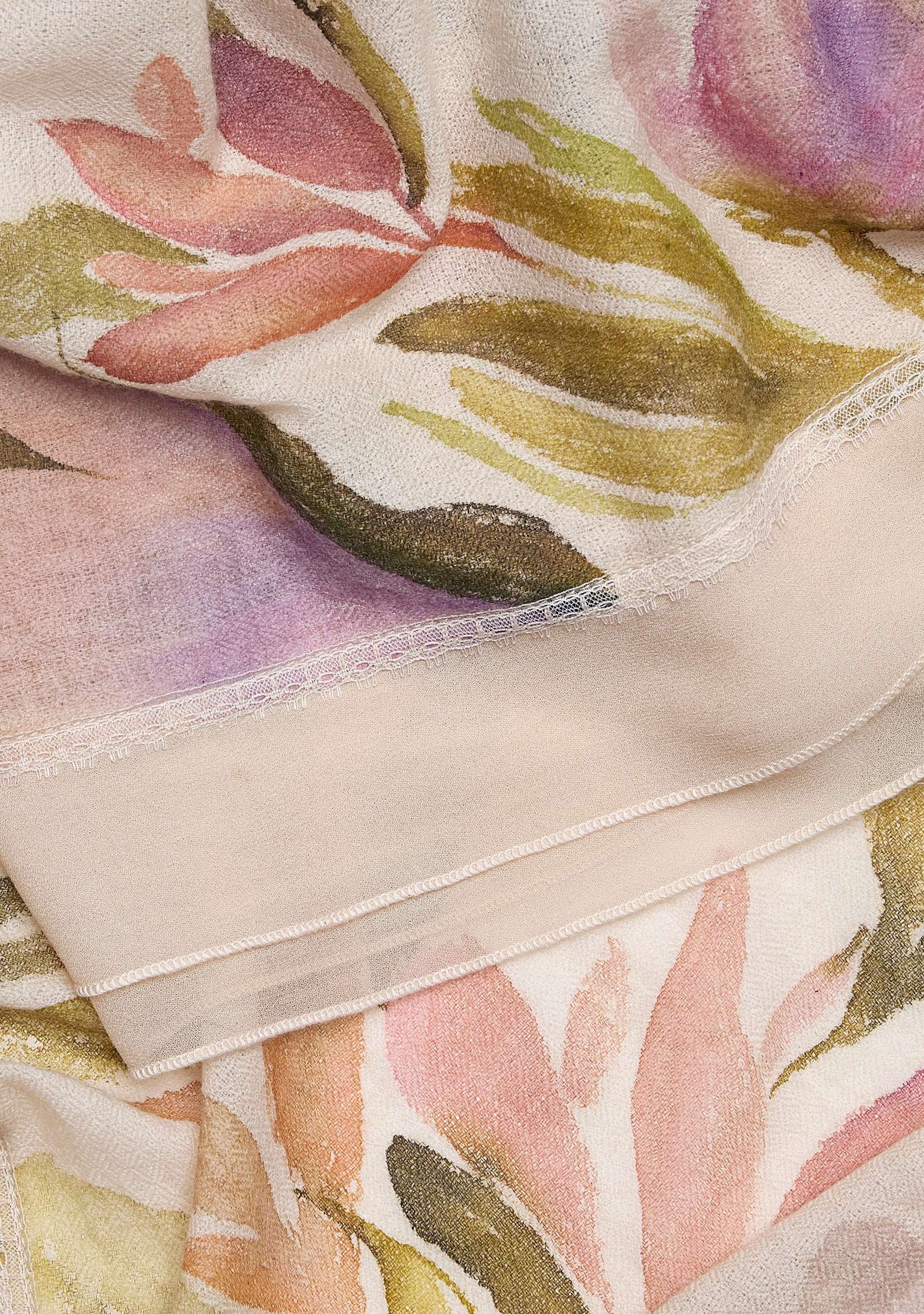 Beige Cashmere Scarf 
Hand-Painted, Frill & Lace