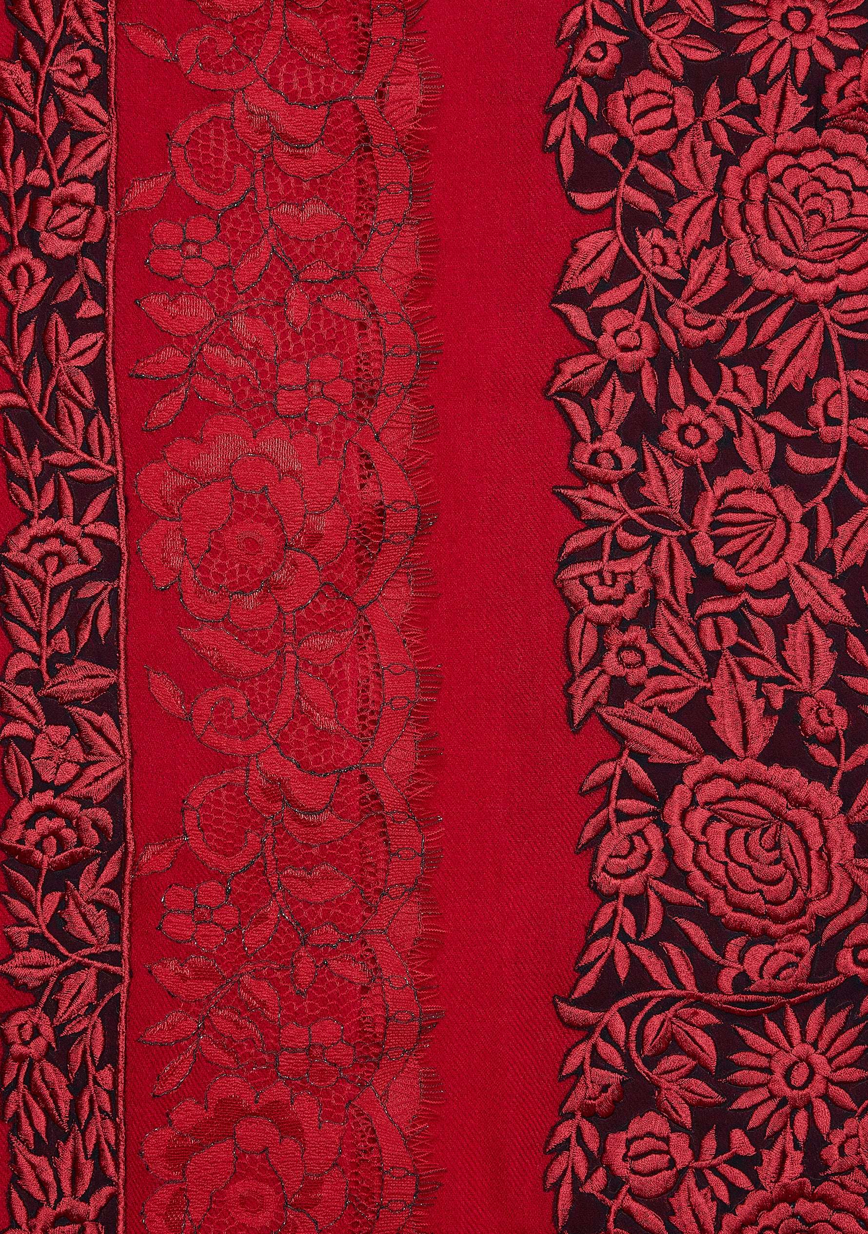 Red Cashmere Scarf 
Black & Red Embroidery and Lace