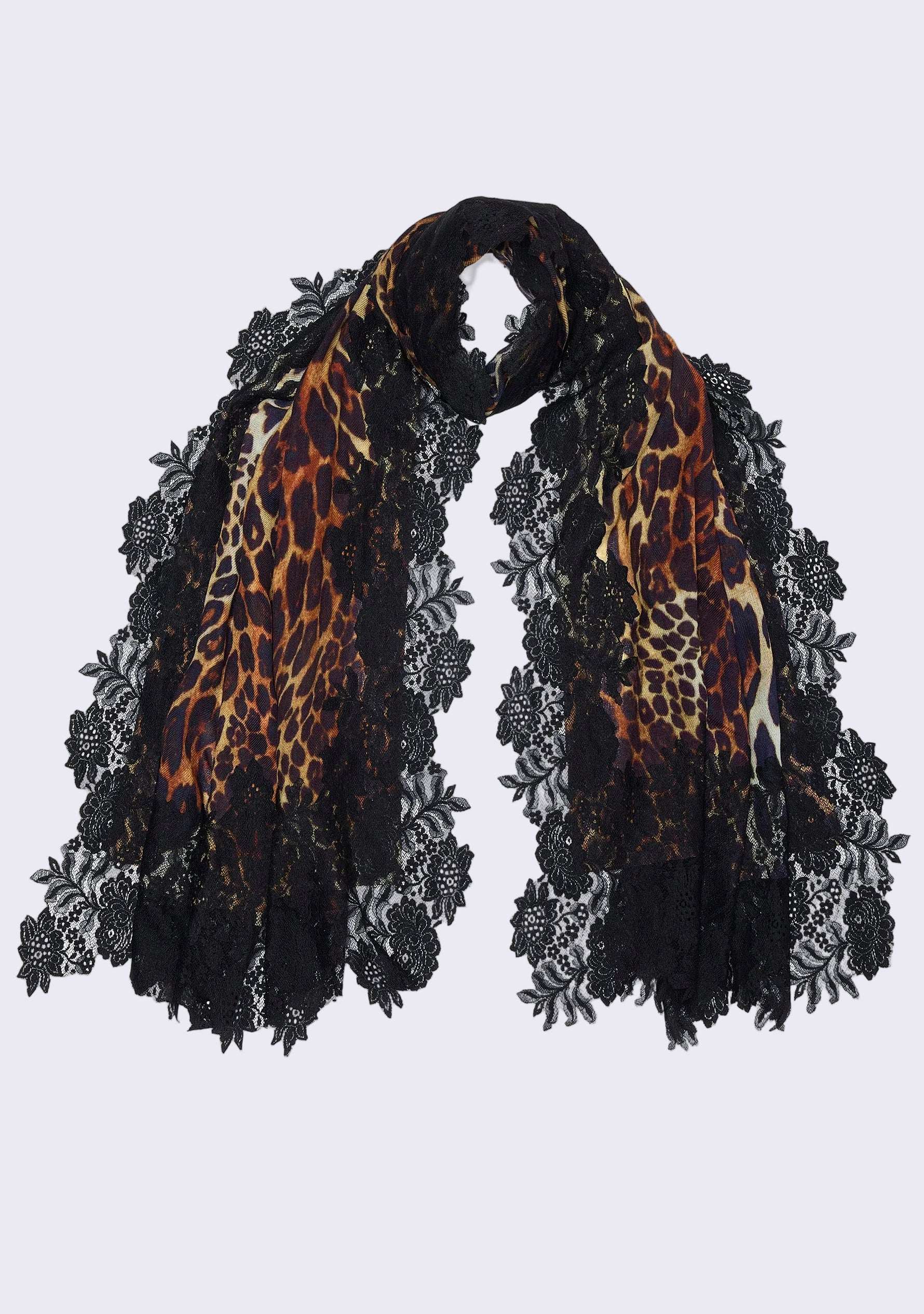 Black Leopard Print Wool & Silk Scarf Black Lace